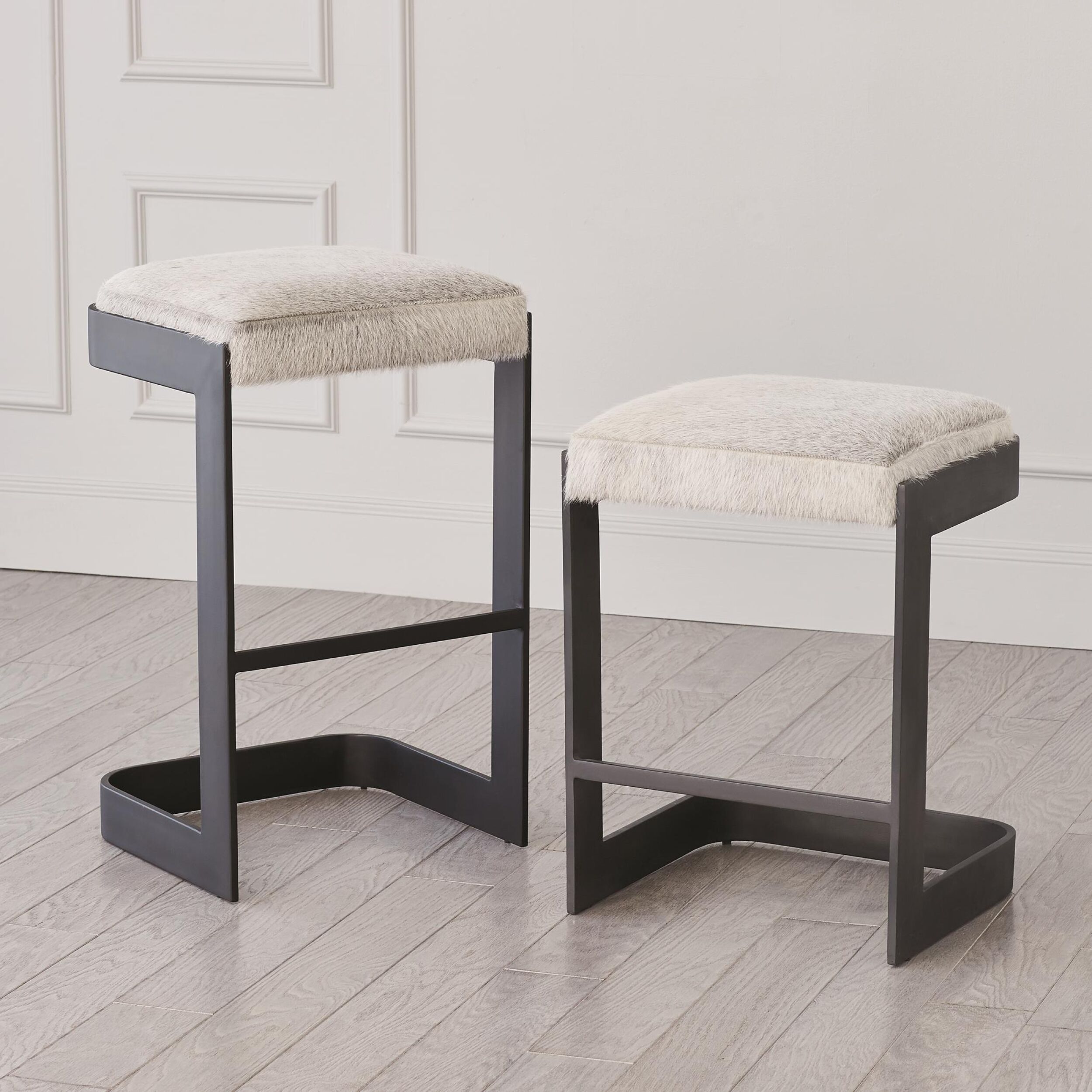 Regan Low Barstool w/Gray Hair-on-Hide-Graphite - Image 5